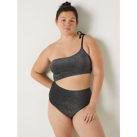 PINK Victorias Secret Shimmer One Piece Cut Out Swimsuit Womens Small Grey New - Picture 1 of 8